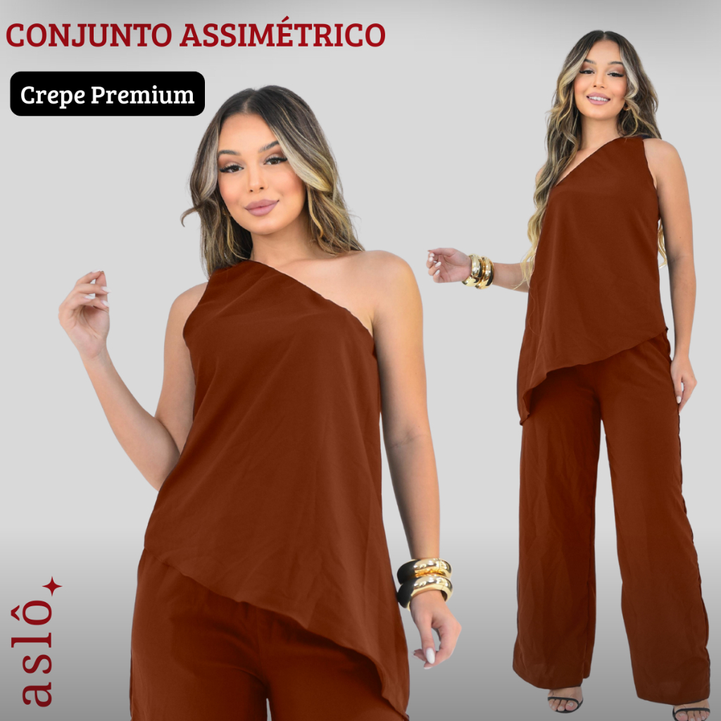 Conjunto Nula Manga Caimento Assimétrico Crepe Pantalona Ombro Só Alfaitaria