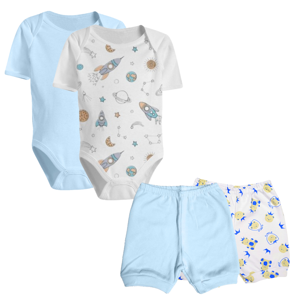 Kit Roupinha de Bebê 4 Peças Body Manga Curta e Shorts Verão