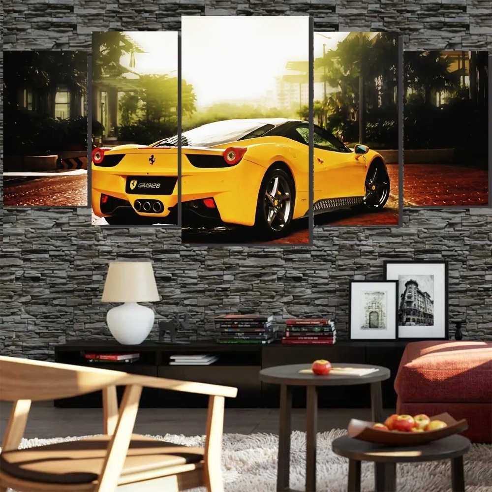 Quadro Decorativo Mosaico 5 Peças Ferrari Amarela Carro Automovel Potente Sala Quarto