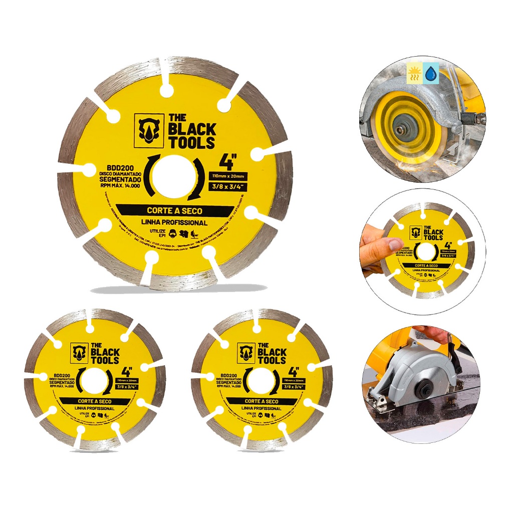 Kit 03 Disco Diamantado Concreto Segmentado 4 Polegadas 110mm X 20mm The Black Tools