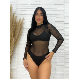 Body de Tule  Bori Manga Longa Preto Influencer COM ELASTICIDADE em Oferta na Shopee
