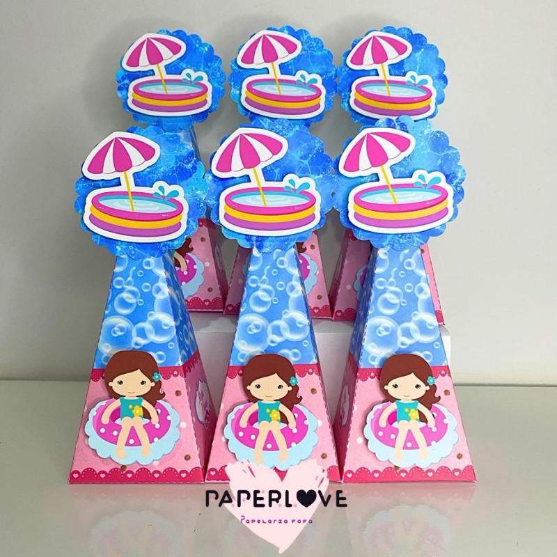 Caixa Pirâmide Personalizada Pool party - Caixa Cone - Lembracinha de aniversário