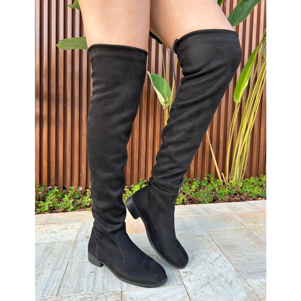 Bota Over The Knee Stretch Blogueira Moda Feminina Preta Cano Longo Camurça Salto Confortável