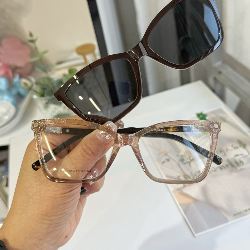 Armação de óculos para Grau Feminino Clipon 2 em 1 Tudo de acetato com haste de glitter Lente polarizada Residente 1407