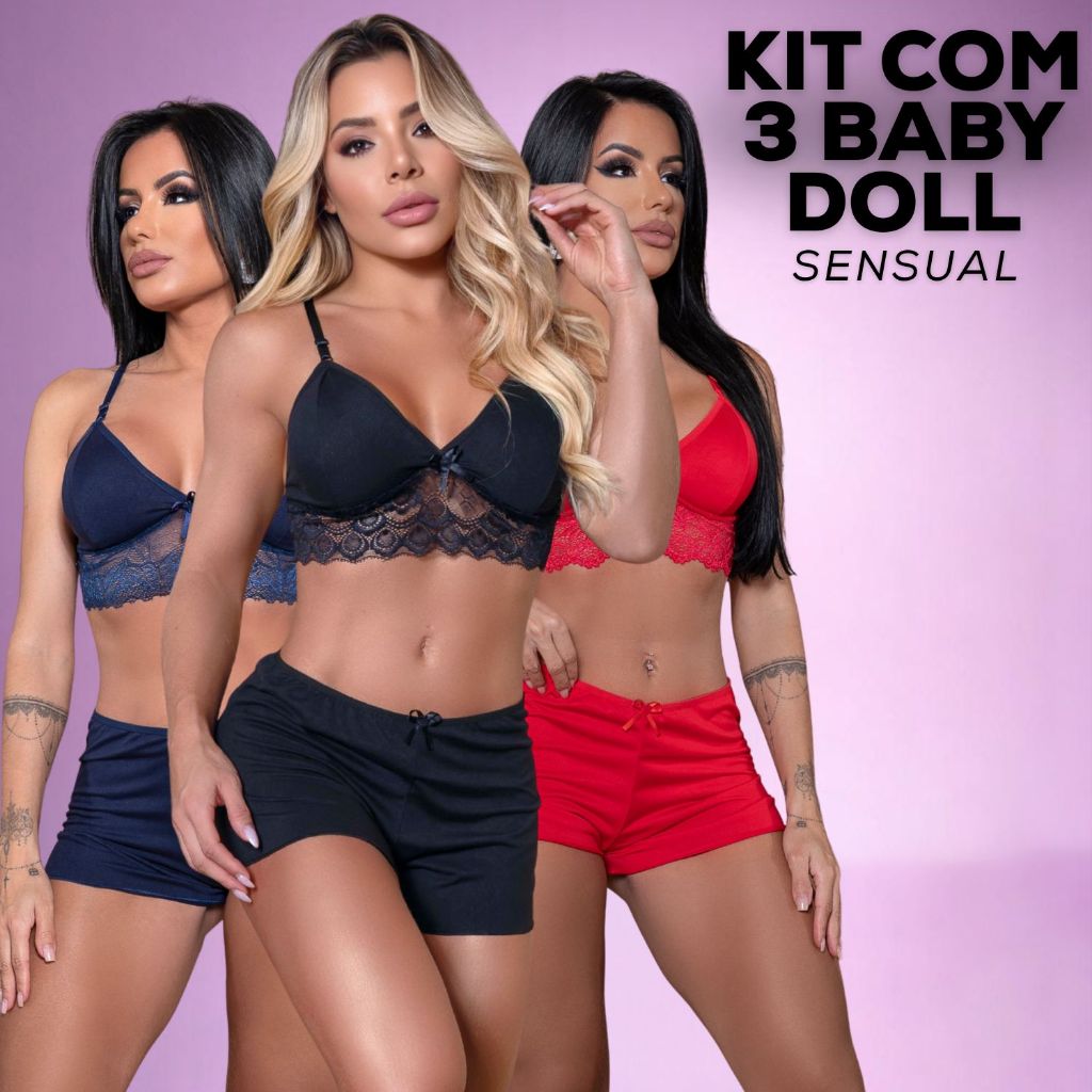 Kit 3 Baby Doll Conjunto Short e Top Doll Renda Delicada Detalhes Pijama Curtinho Sensual Luxo