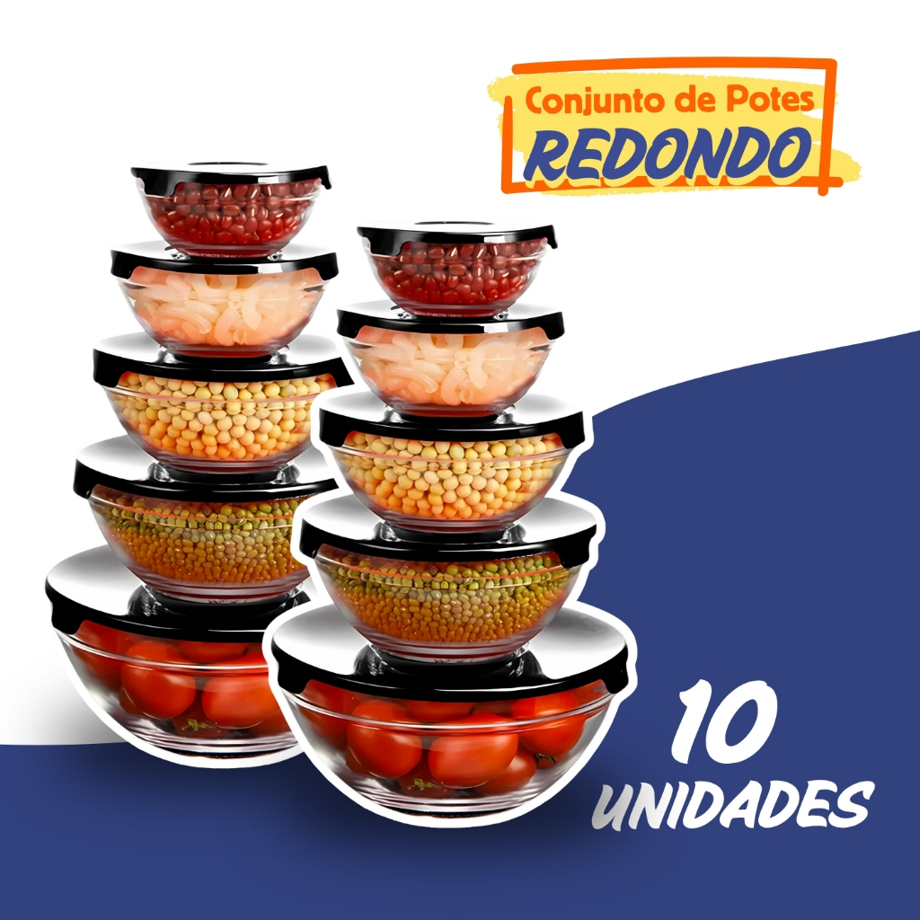 Imagem Kit Conjunto De Potes 10 Peças Vidro Resistente Organizadores De Cozinha Multiuso