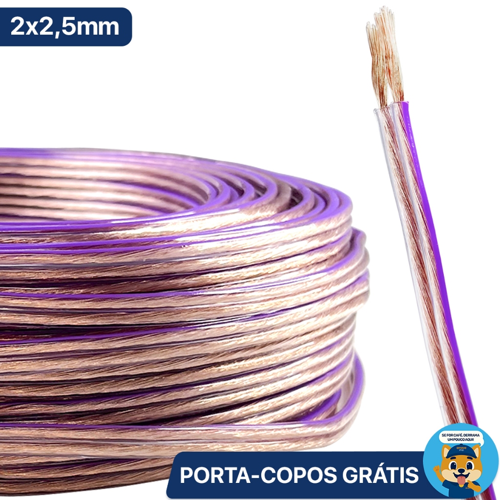 Fio Paralelo 2x2,5mm 100% Cobre 5 10 15 25 Metros CRK Technoise Cabo Rolo Alto Falante Som Cristal