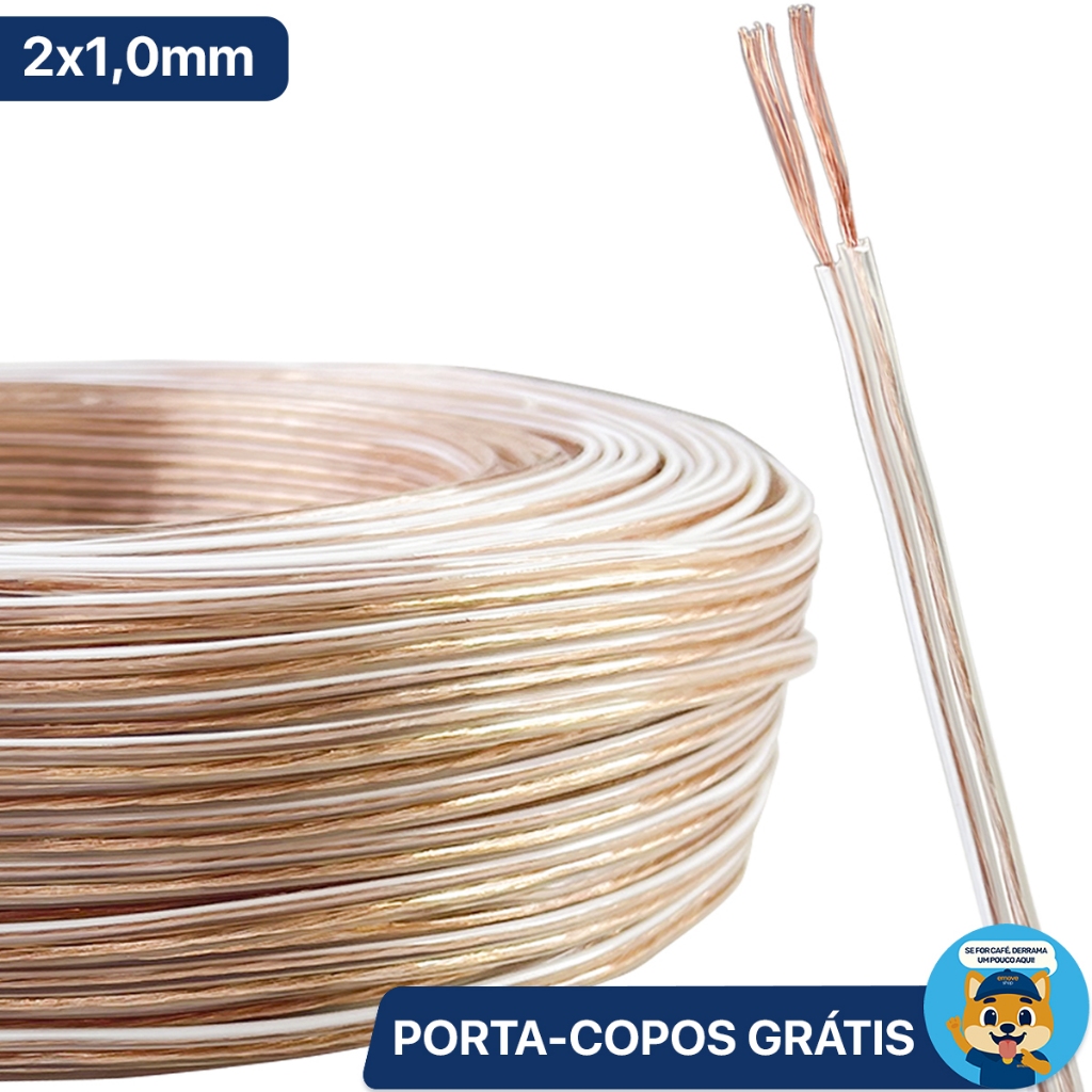 Fio Paralelo 2x1mm 100% 5 10 15 25 Metros CRK Technoise Cabo Rolo Alto Falante Som Cristal