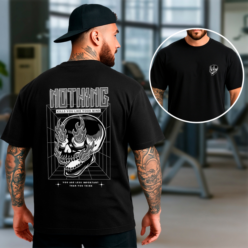 Camiseta Oversized Nothing Kills Caveira Sombria Blusão De Treino Malha Grossa Manga Comprida