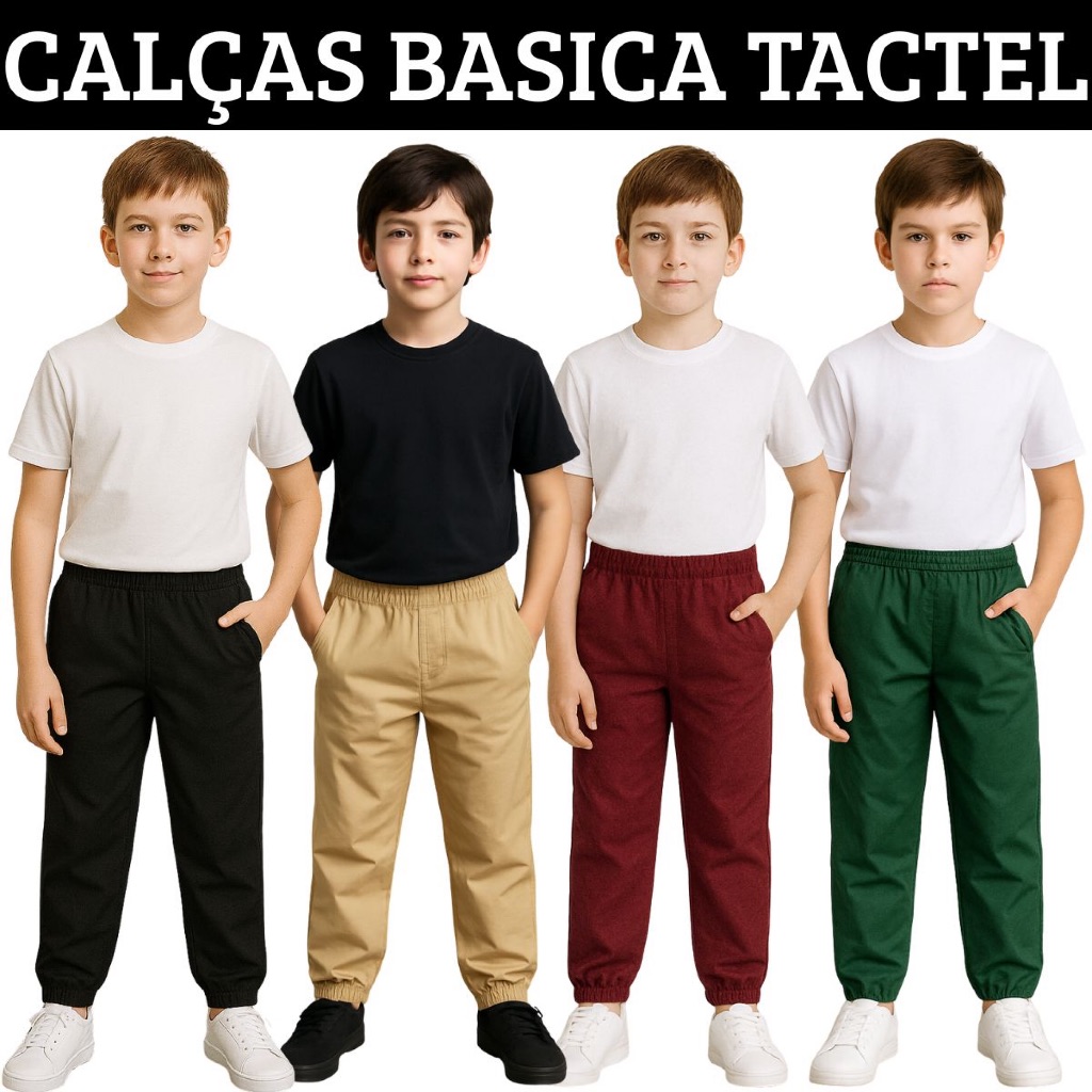 Calça Infantil Jogger Para Menino Tecido Tactel Calça com 2 Bolsos 4 Cores Outono Inverno Preto Verde Militar Vermelho