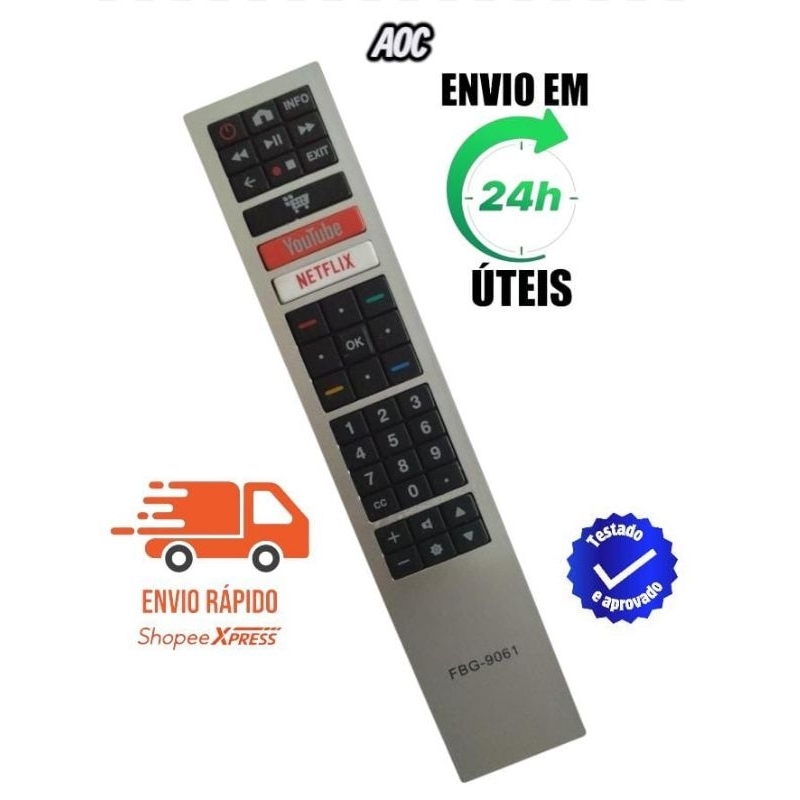 Controle remoto compatível Tv Aoc SMART LED 4K YouTube Netflix FBG-9061