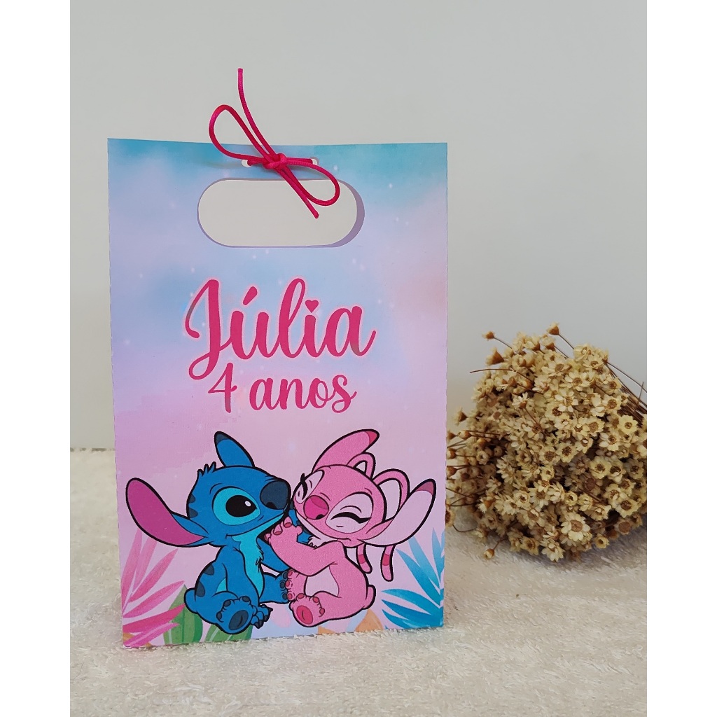 Sacolinha personalizada para festa lembrancinha surpresa Stitch e Angel. Tamanho P. Diversos temas.