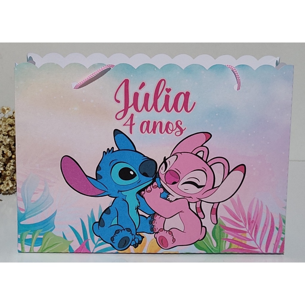 Sacolinha personalizada para festa lembrancinha surpresa Stitch e Angel. Tamanho M. Diversos temas.