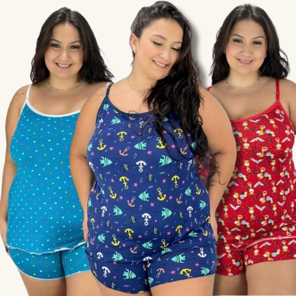 Kit 5 Pijama Plus Size Feminino Soltinho Mulher XGG Larguinho Leve Dia a Dia Short e Blusa Baby Dool Estampado em Oferta na Shopee