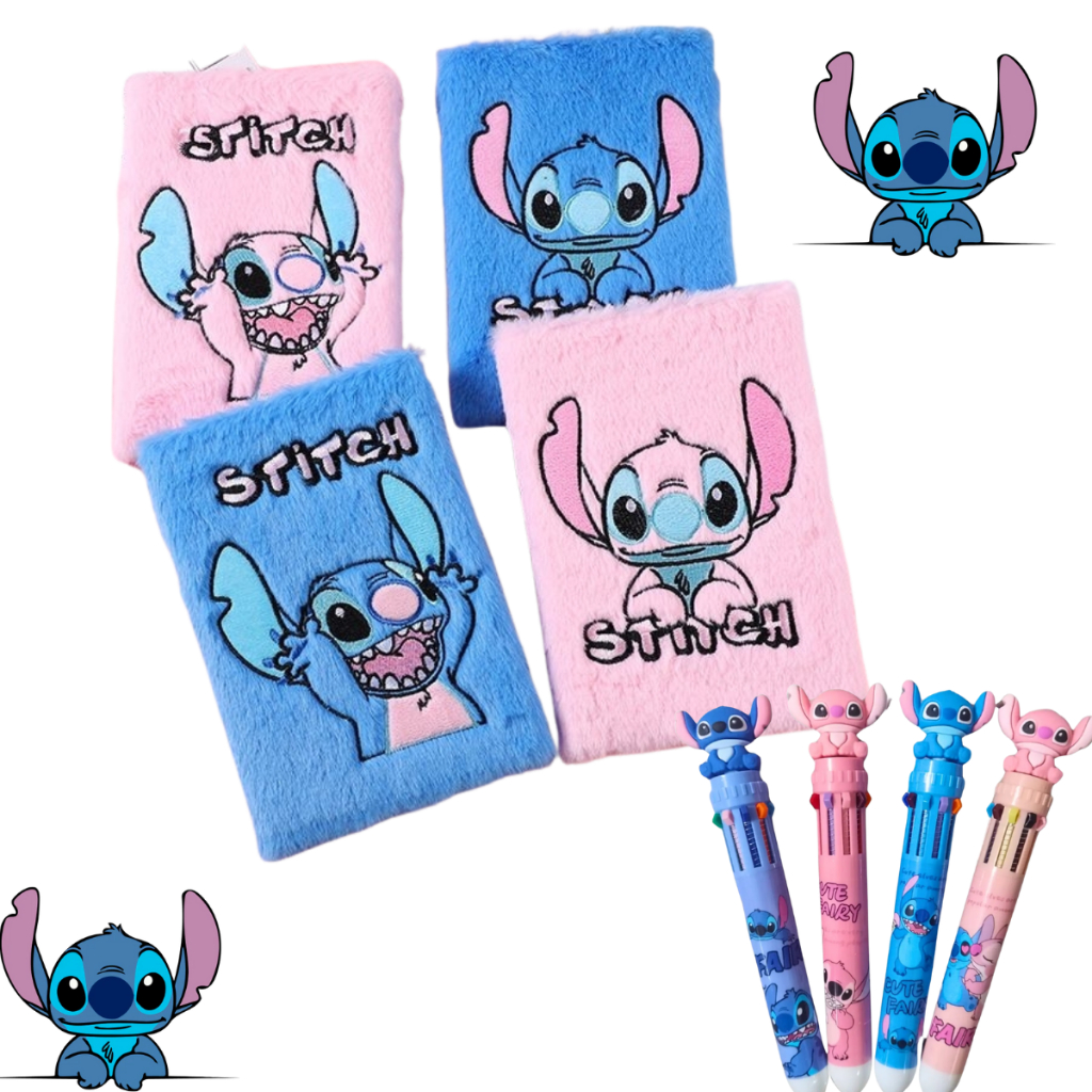 Kit Caderno Pelúcia Lilo Stitch + Caneta 10 Cores Material Escolar Canetinha Kawaii Agenda