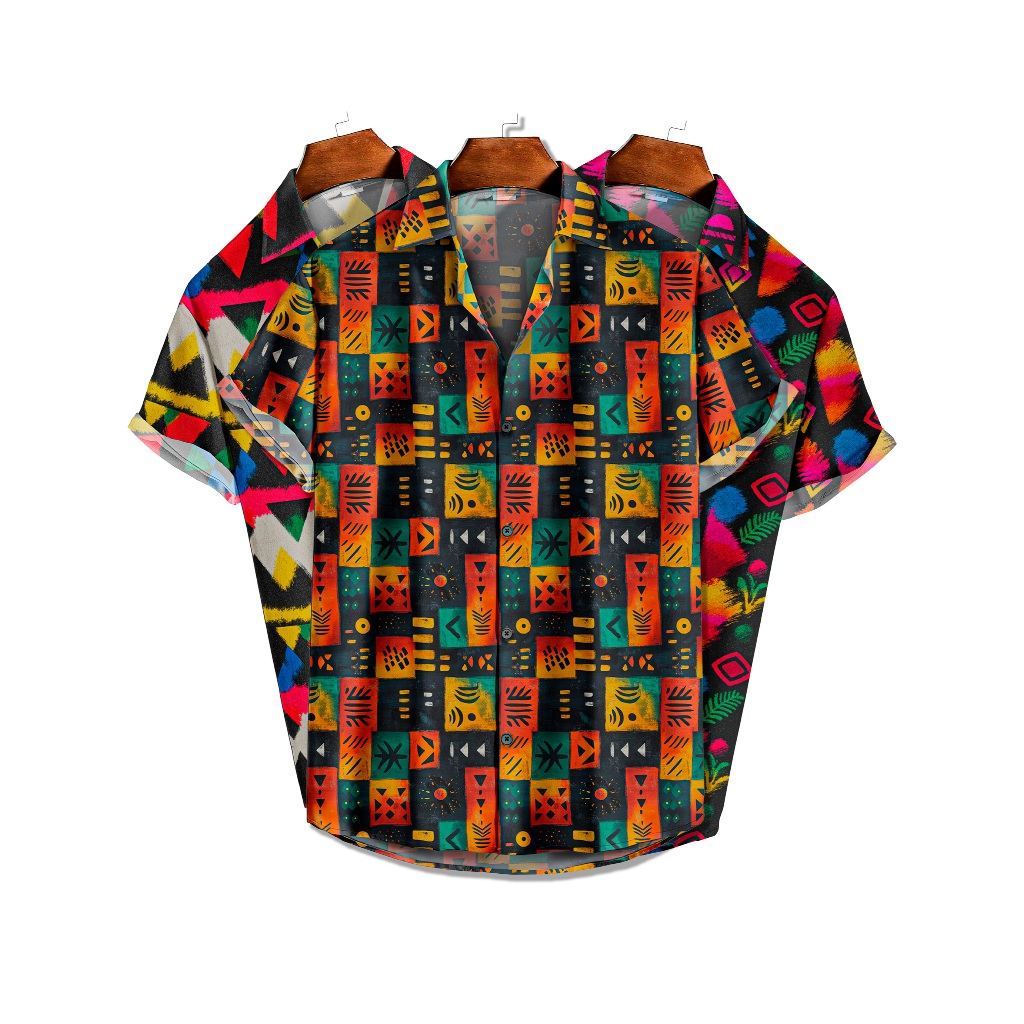 Camisa De Botão Tribal Colorida Estilo Étnico, Psicodélico, Geométrico E Tropical Moda Casual Arte Urbana [Ref-024]