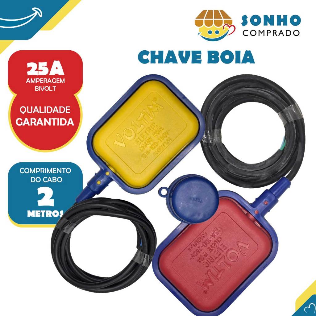Chave boia vermelha 25A e Chave boia amarela 15A  cabo PP 3x0,75mm2 2 metros V-07/2 Voltim