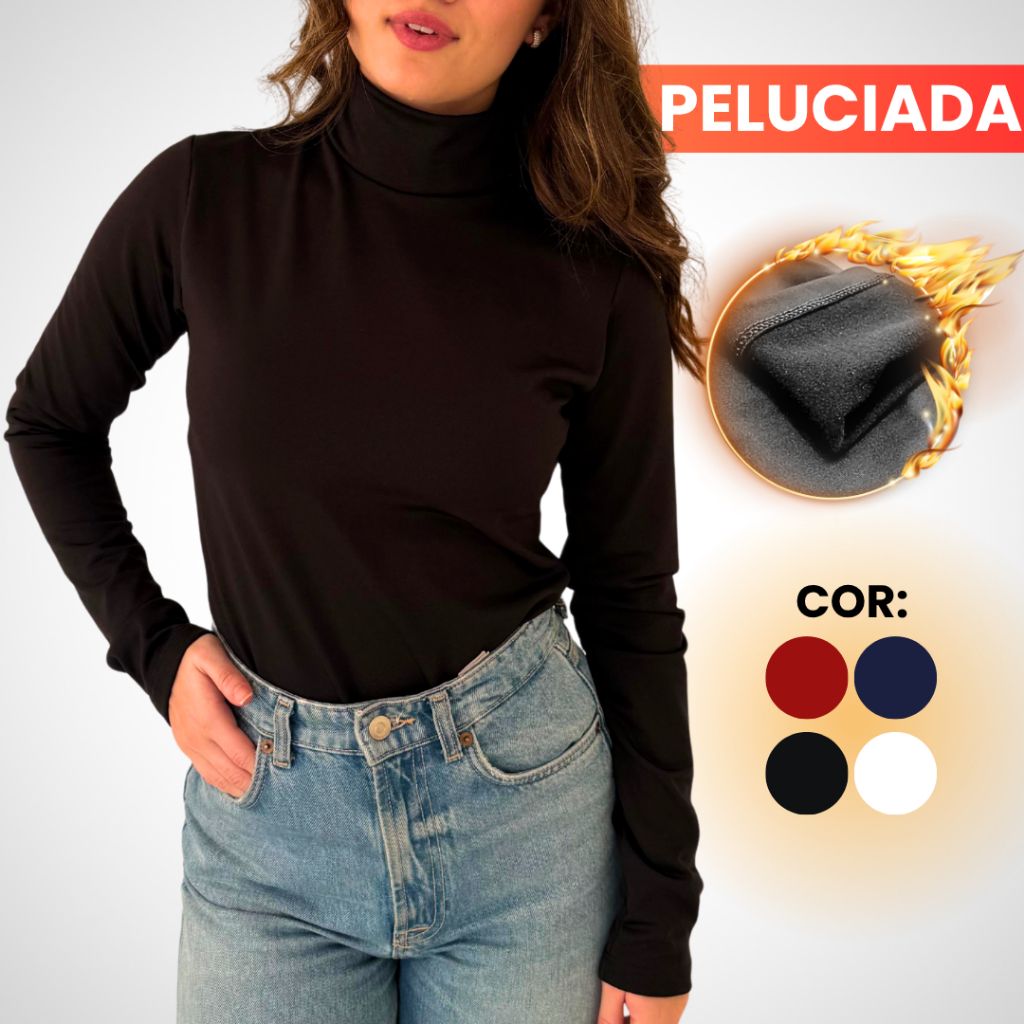 Blusa Feminina Cacharrel Peluciada Flanelada Grossa Suplex Premium Manga Longa Gola Alta Modeladora