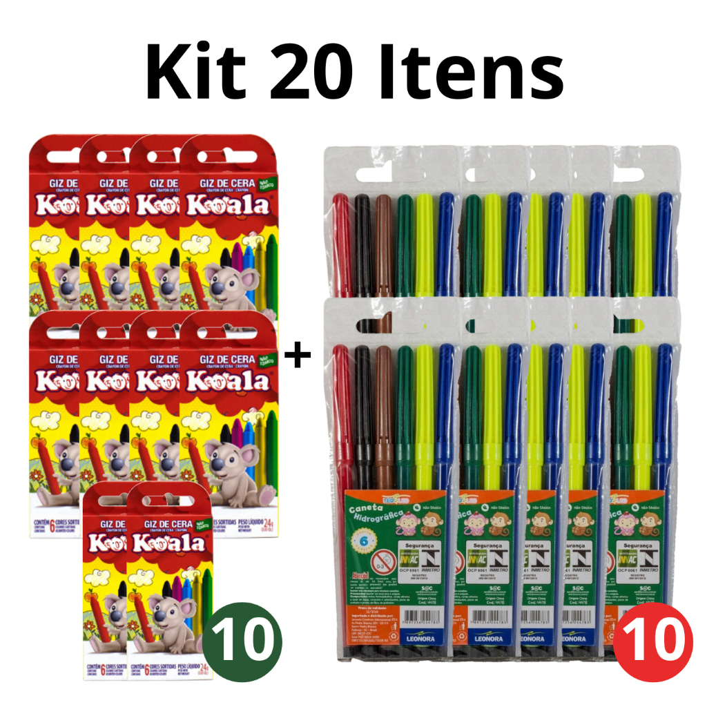 Kit 10 Canetinhas Leo E Leo De 5 Cores+10 Caixas de Giz De Cera Koala De 6 cores
