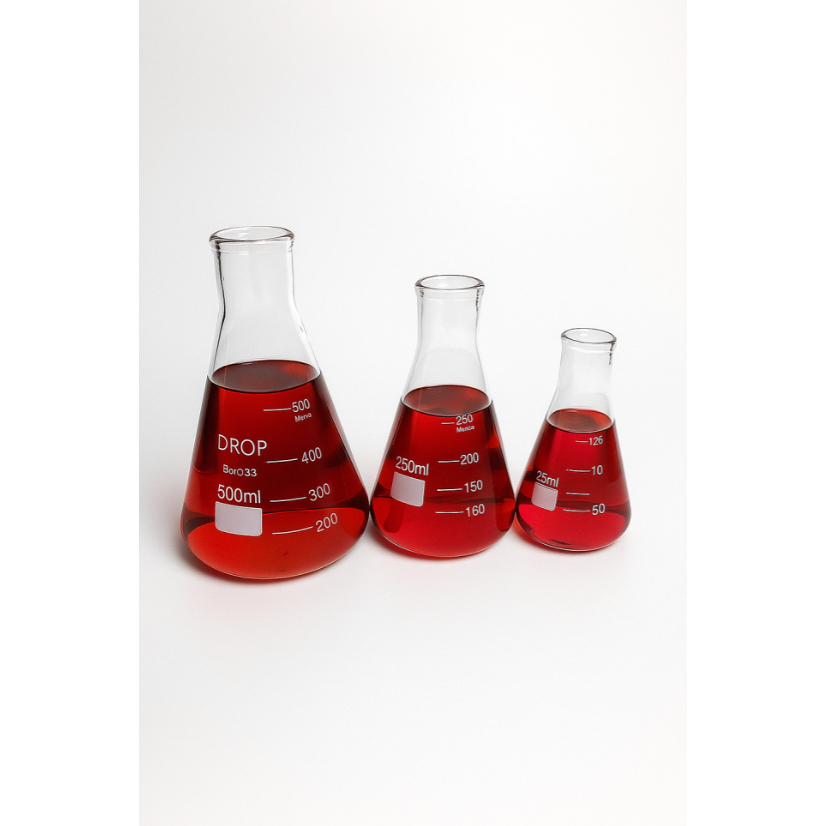 Kit 3 Frascos Erlenmeyer de Vidro Boro 3.3 Boca Estreita com 125ml, 250ml e  500ml Graduados