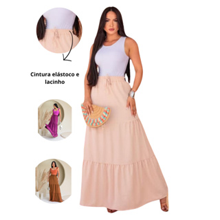 Saia Três Marias Longa Cintura Alta Com Elástico Laço Casual em Oferta na Shopee