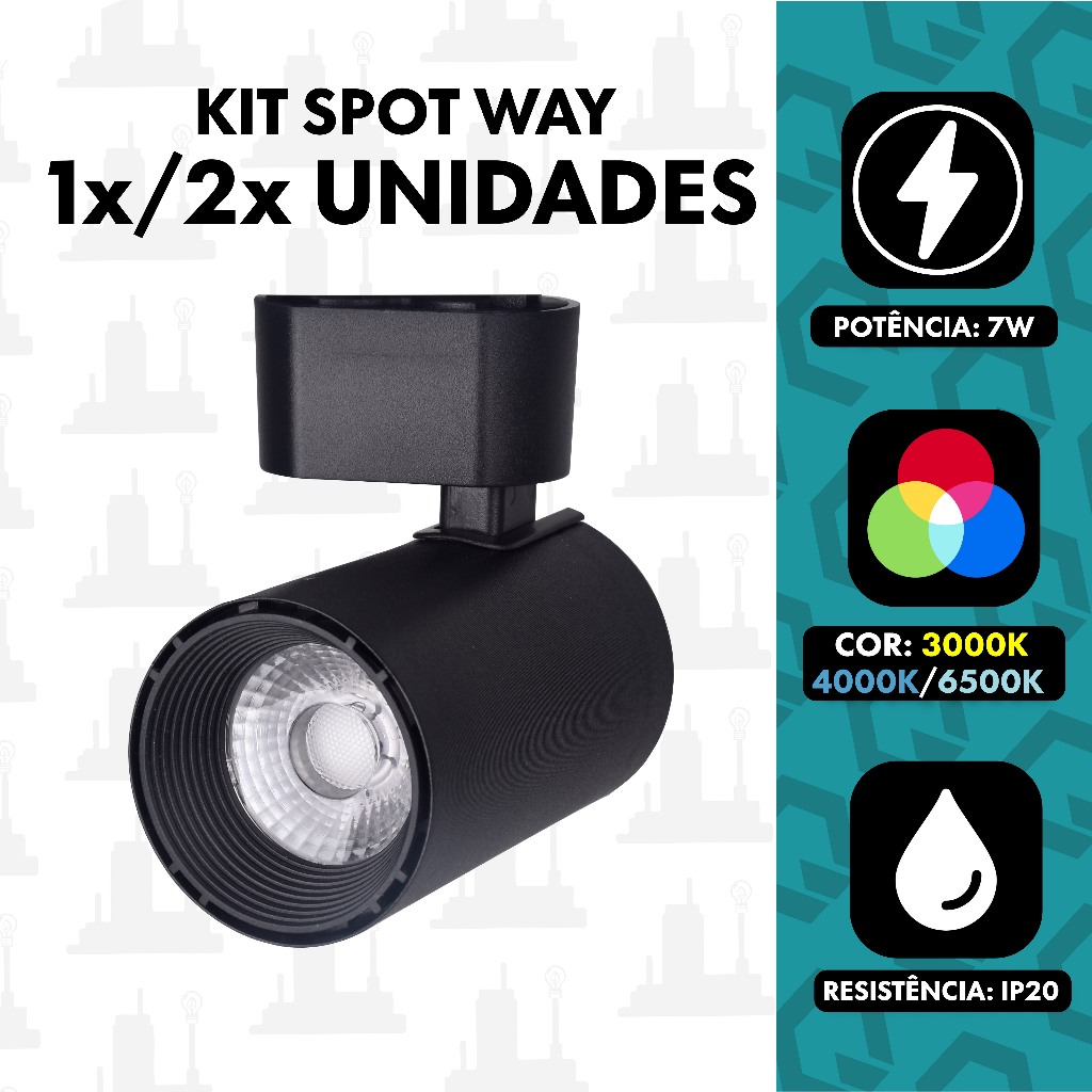 kit 1un ou 2un spot way 7w Preto para trilho eletrificado 3000k/ 4000k/ 6500k FABRICA UM