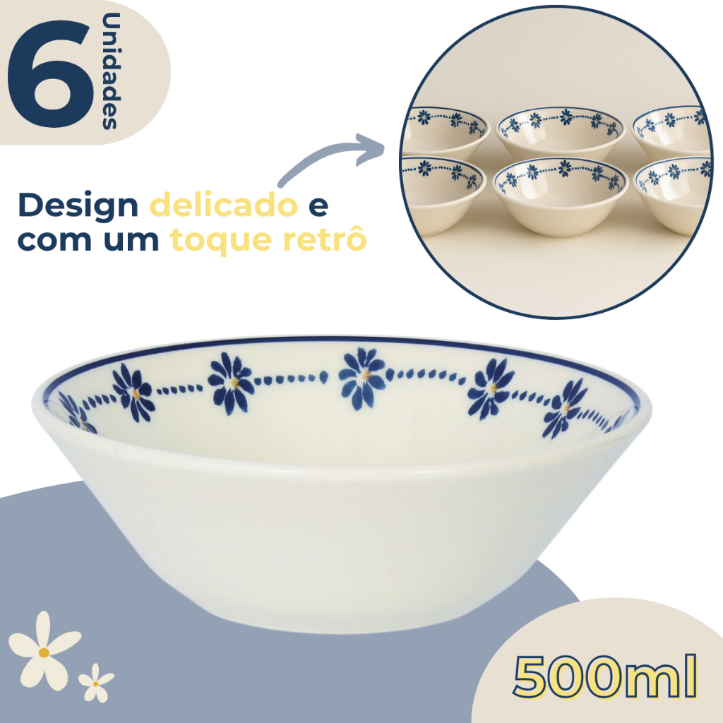 Jogo 6 Tigelas Bowl 500ml Conic Margaridas Biona Oxford - Home & Living
