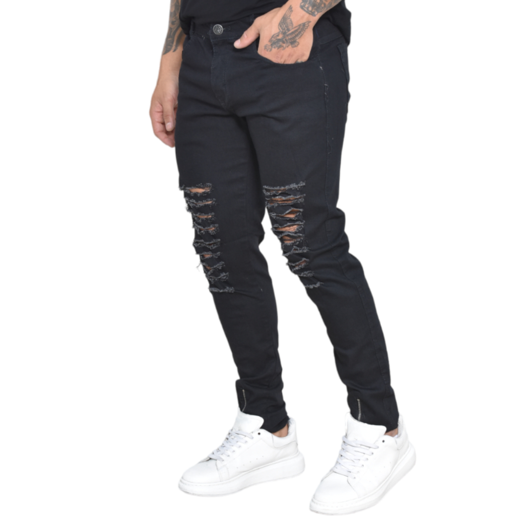 Calça Masculina Ziper na Barra Preta Branca Jeans Azul Destroyed Skinny Laycra destroyed rasgada