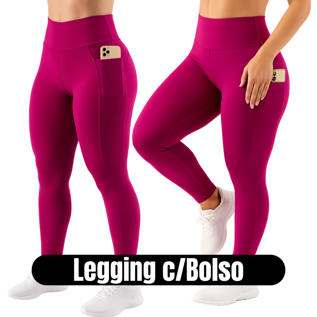 Calça Legging com Bolso lateral Feminina Suplex Cós Largo Academia Fitness