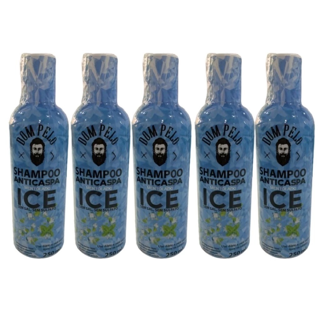 Kit 5x Shampoo ICE Anticaspa Dom Pelo 250ml Nova Fórmula - 3 em 1 para Cabelo, Barba e Bigode - Pronta Entrega