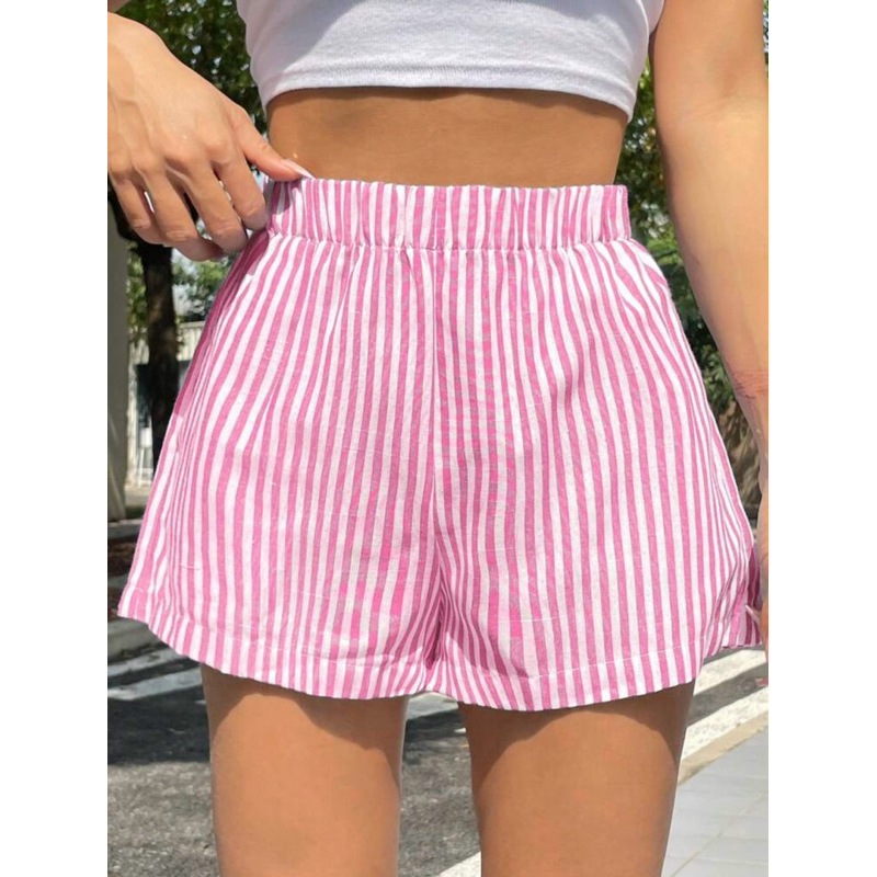 shortinho feminino listrado minimalista perna folgadinha larga elástico cintura alta