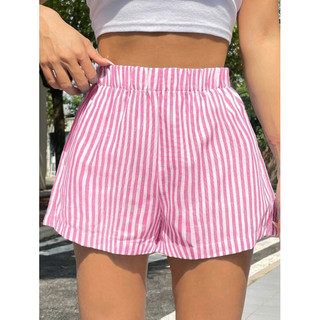 shortinho feminino listrado minimalista perna folgadinha larga elástico cintura alta