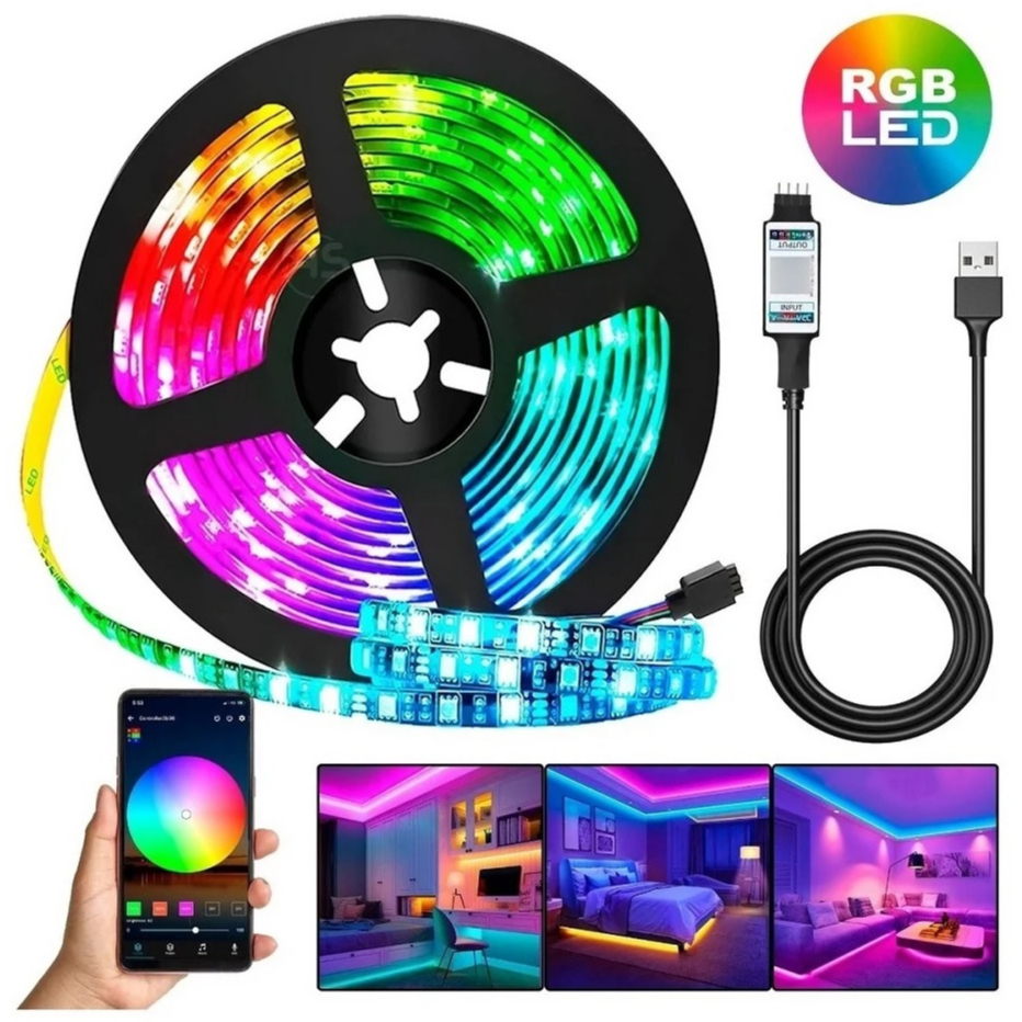 Fita LED RGB com 5M de Iluminação Personalizável – Controle por Smartphone, Múltiplos Modos de Cor, Uso Interno e Extern