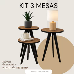 Conjunto 3 Mesas Decorativas Pé Palito – Centro, Lateral e Cabeceira em Madeira Maciça