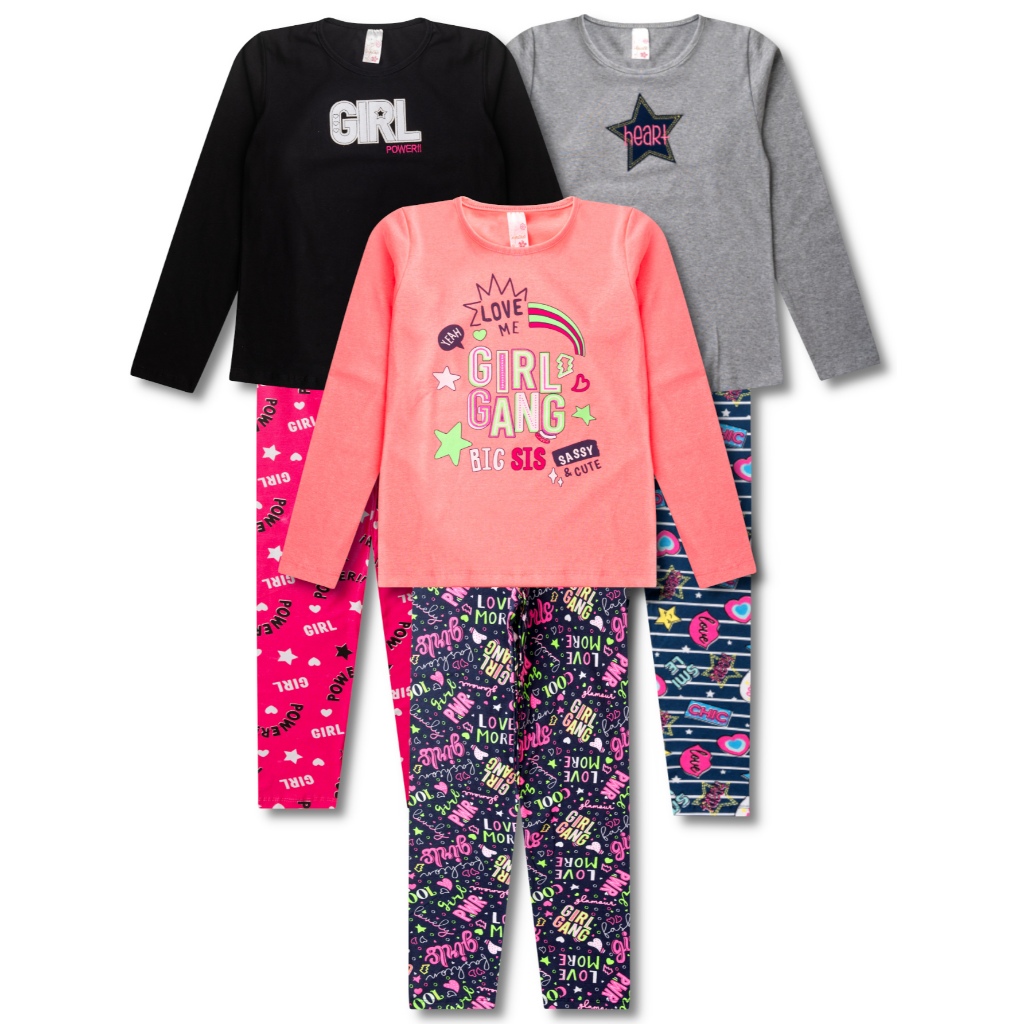 3 Conjuntos de Meia Estação Juvenil Infantil Roupa Feminino Inverno - 3 Blusinhas e 3 Calças