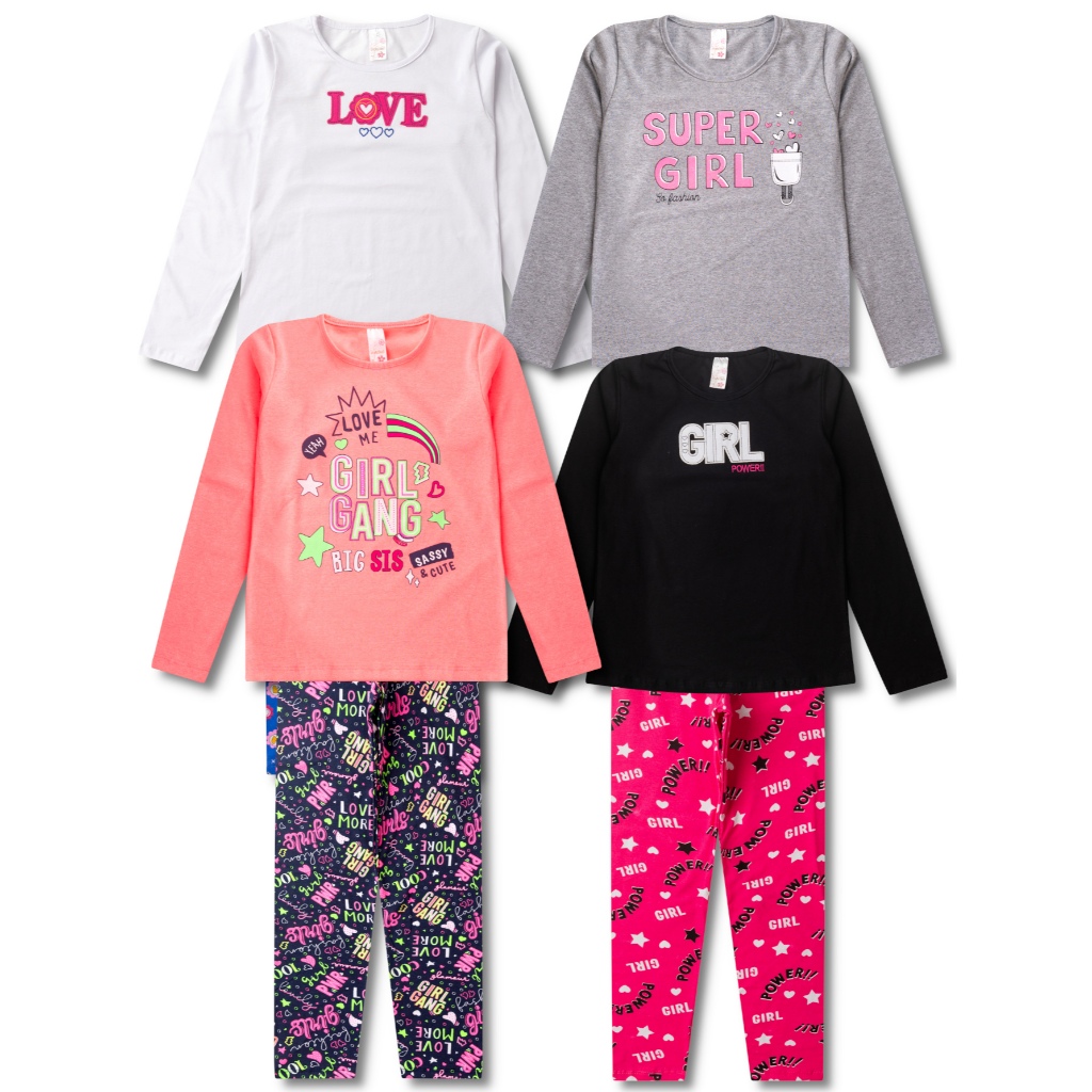 4 Conjuntos de Meia Estação Juvenil Infantil Roupa Feminino Inverno - 4 Blusinhas e 4 Calças