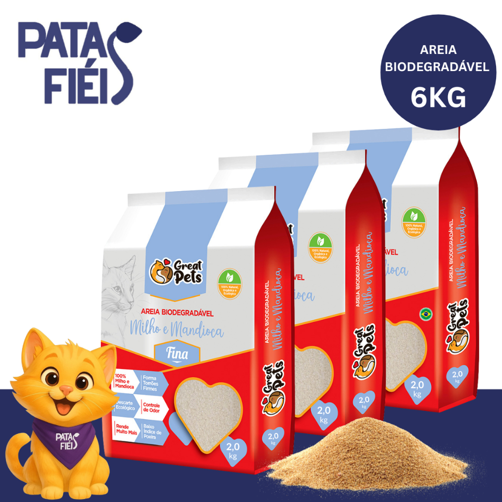 Kit Areias Para Gatos  Biodegradável Mandioca Milho Fina 2kg - Great Pets