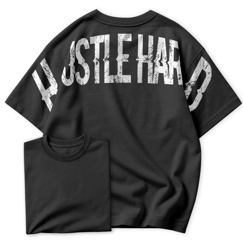 Camiseta Oversized Hustle Hard Masculina Academia Streetwear – Estampa Costas Motivacional