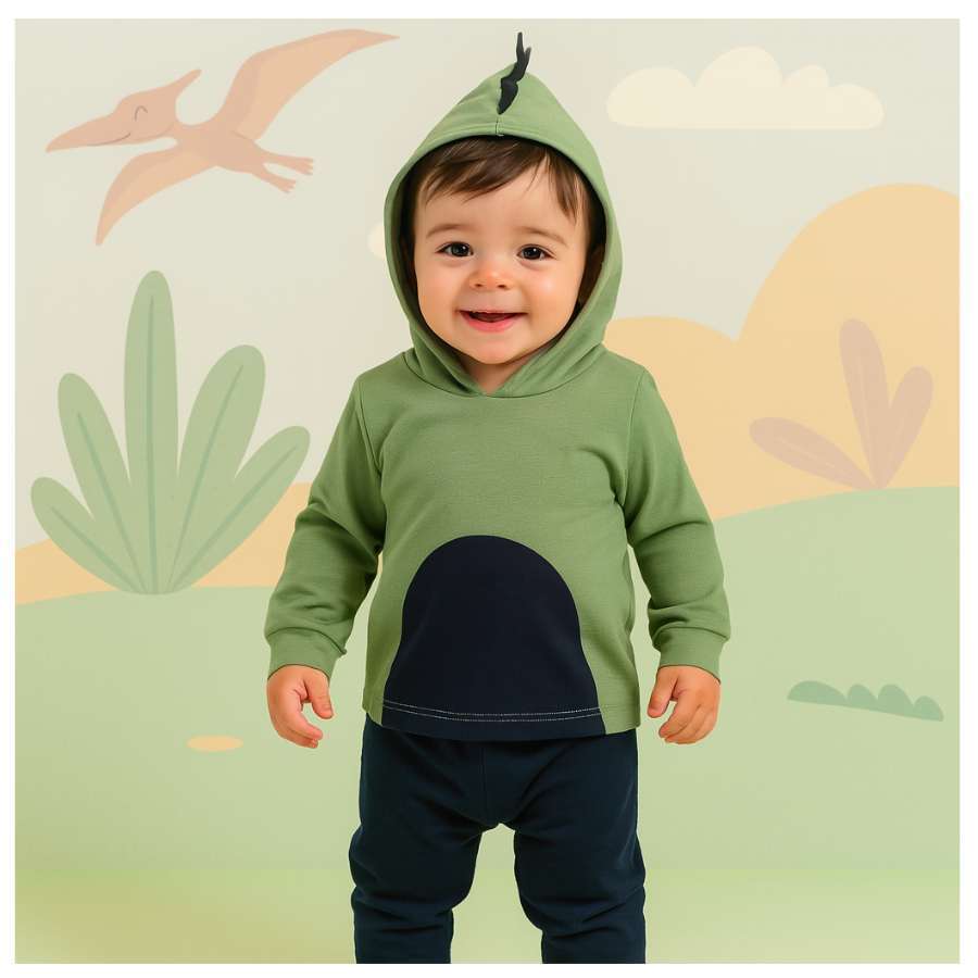 Conjunto infantil fantasia camiseta manga longa com capuz bordado dinossauro e calça lisa com punho