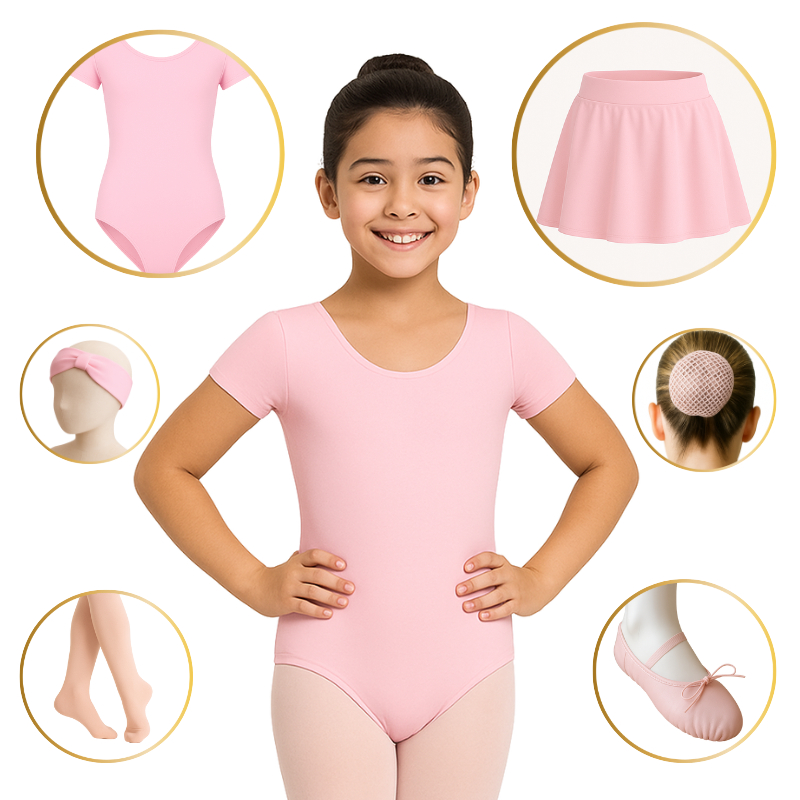 Kit Ballet Completo com 6 Peça ROSA (Tam 2 a 16) Manga Curta, saia Cós, Rede, Faixa, Sapatilha e Meia ROSA