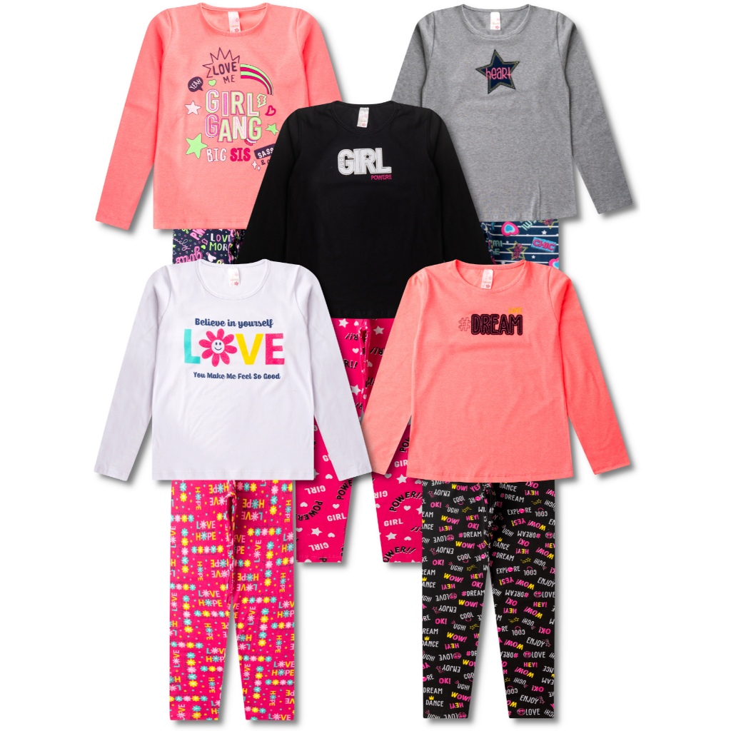 5 Conjuntos de Meia Estação Juvenil Infantil Roupa Feminino Inverno - 5 Blusinhas e 5 Calças