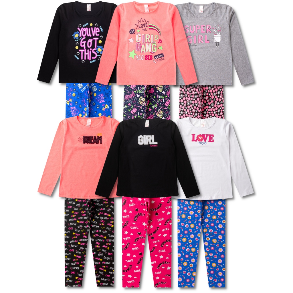 6 Conjuntos de Meia Estação Juvenil Infantil Roupa Feminino Inverno - 6 Blusinhas e 6 Calças