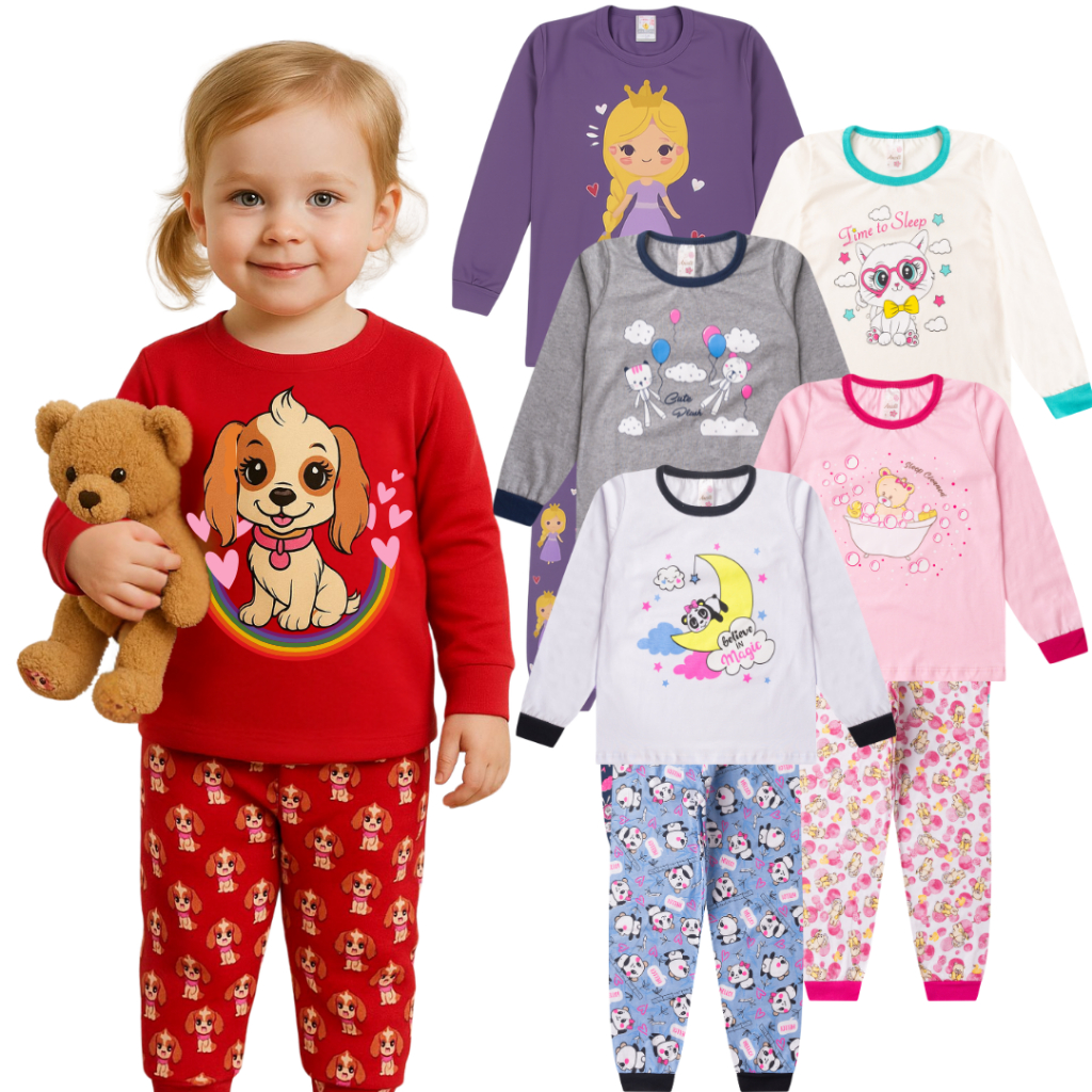 Kit 4 peças pijama sortido menina 2 blusas manga longa e 2 calças meia estação inverno inf...
