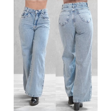 Calça jeans feminina wide leg pantalona cintura alta tecido grosso básica lisa marmorizada