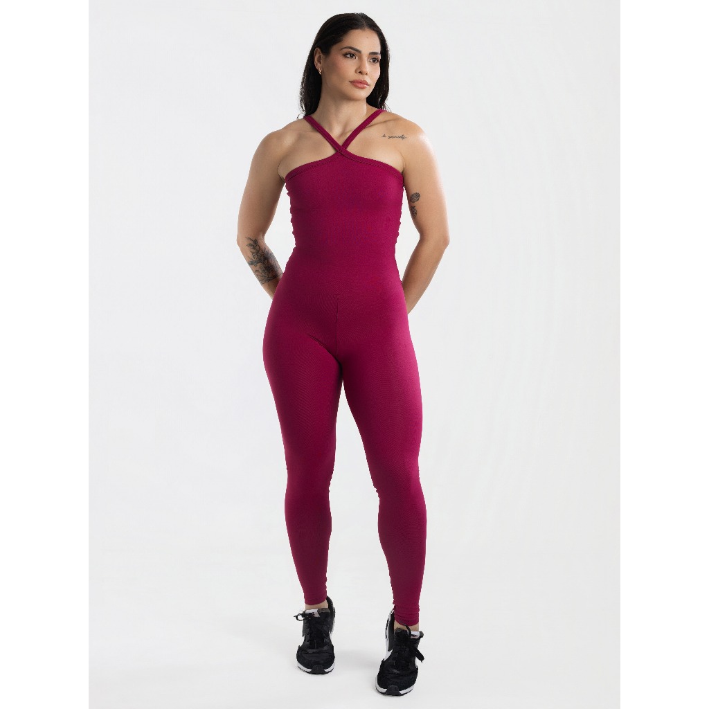 Macacão Fitness Modelador Feminino Cor Vinho Poliamida Sem Transparência Academia Treino MC236