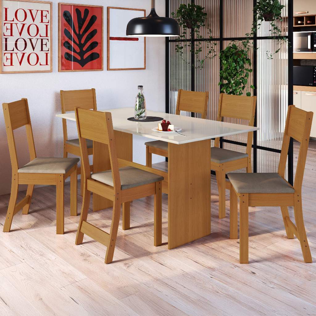 Conjunto Sala de Jantar Mesa Fidelitá Siena Com 6 Cadeiras Freijó/Off-White Assento Cacau