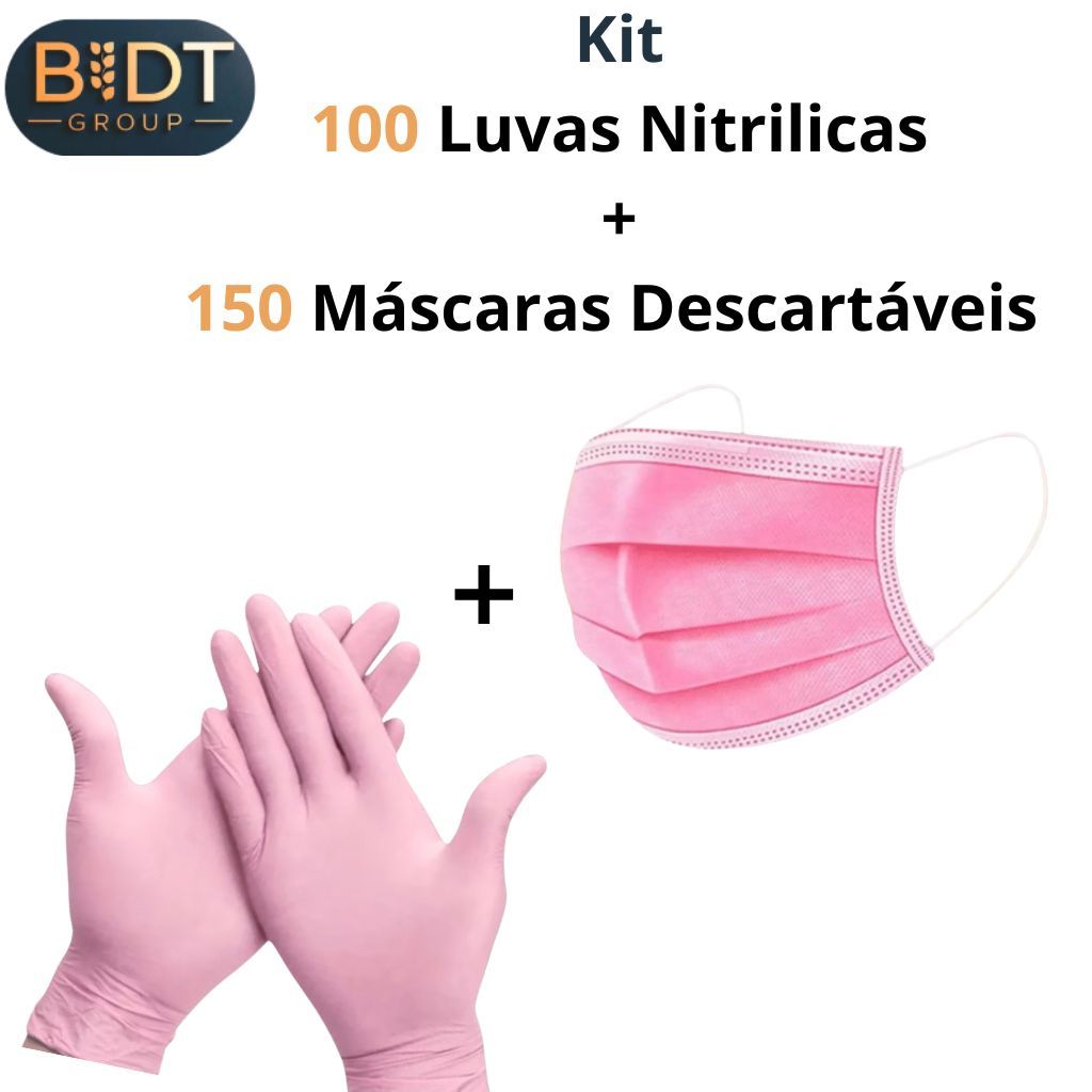 Kit 100 Luva Nitrilica Rosa e 150 Máscara Tripla Descartável Rosa Com Clipe Nasal Estética Higiene