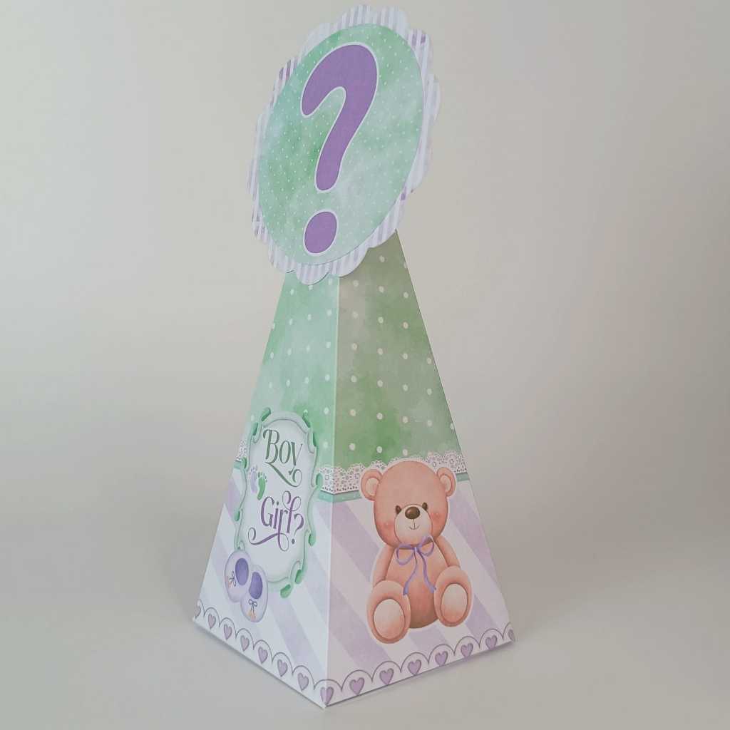 Kit Lembrancinhas de Festa Personalizada Caixinha Pirâmide PEGUE E MONTE Revelação Baby Verde Lilás