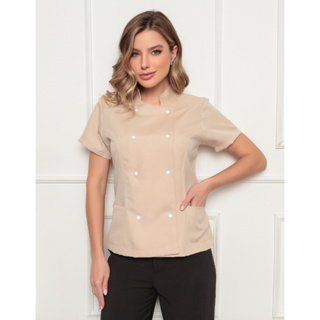 Dolma Chef Feminina Manga Curta Oxford Bege Lu ELIA em Oferta na Shopee