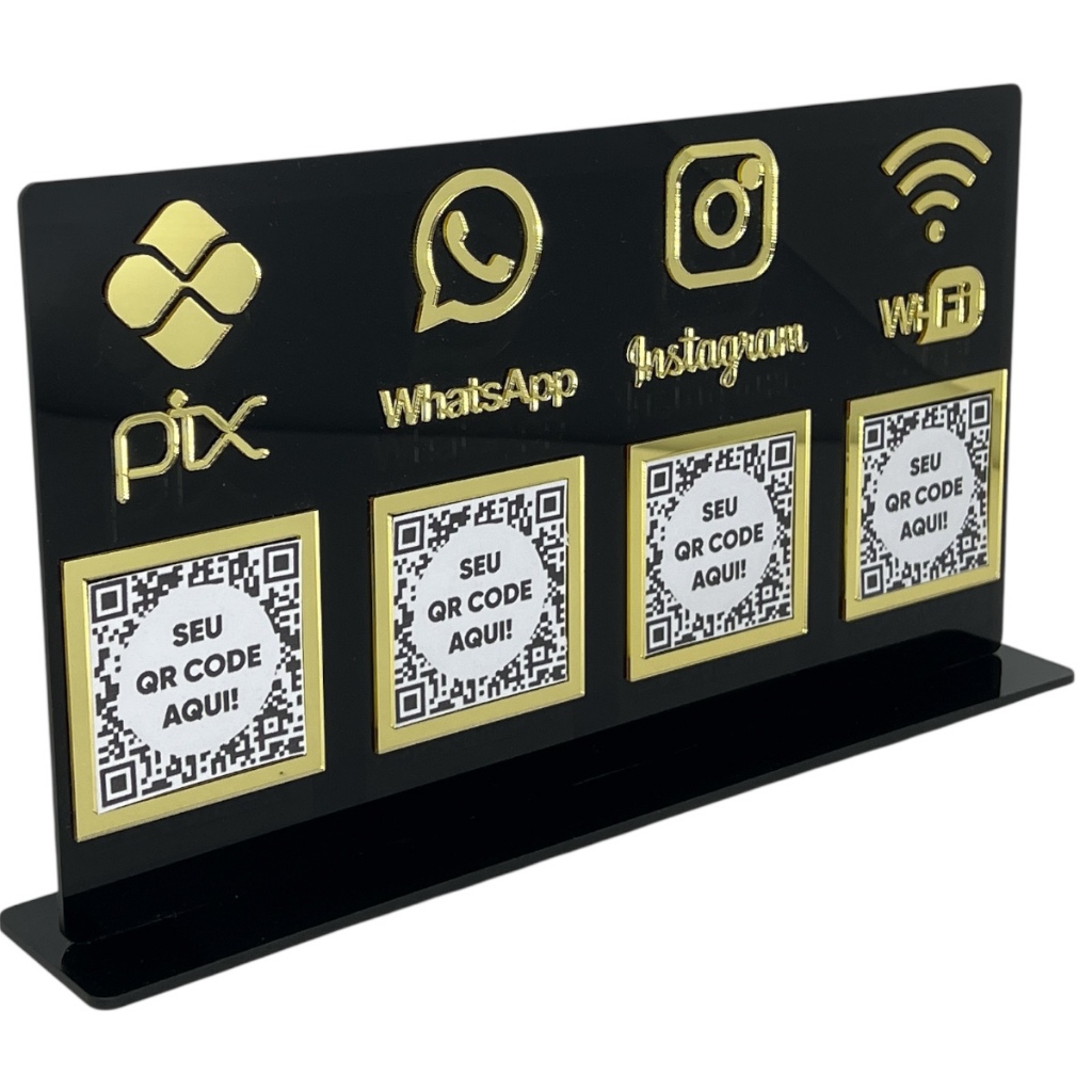 Placa Pix Instagram Whatsapp e Wifi 4 Qr Code Display Acrílico Premium Preto Dourado 30x16cm em Oferta na Shopee